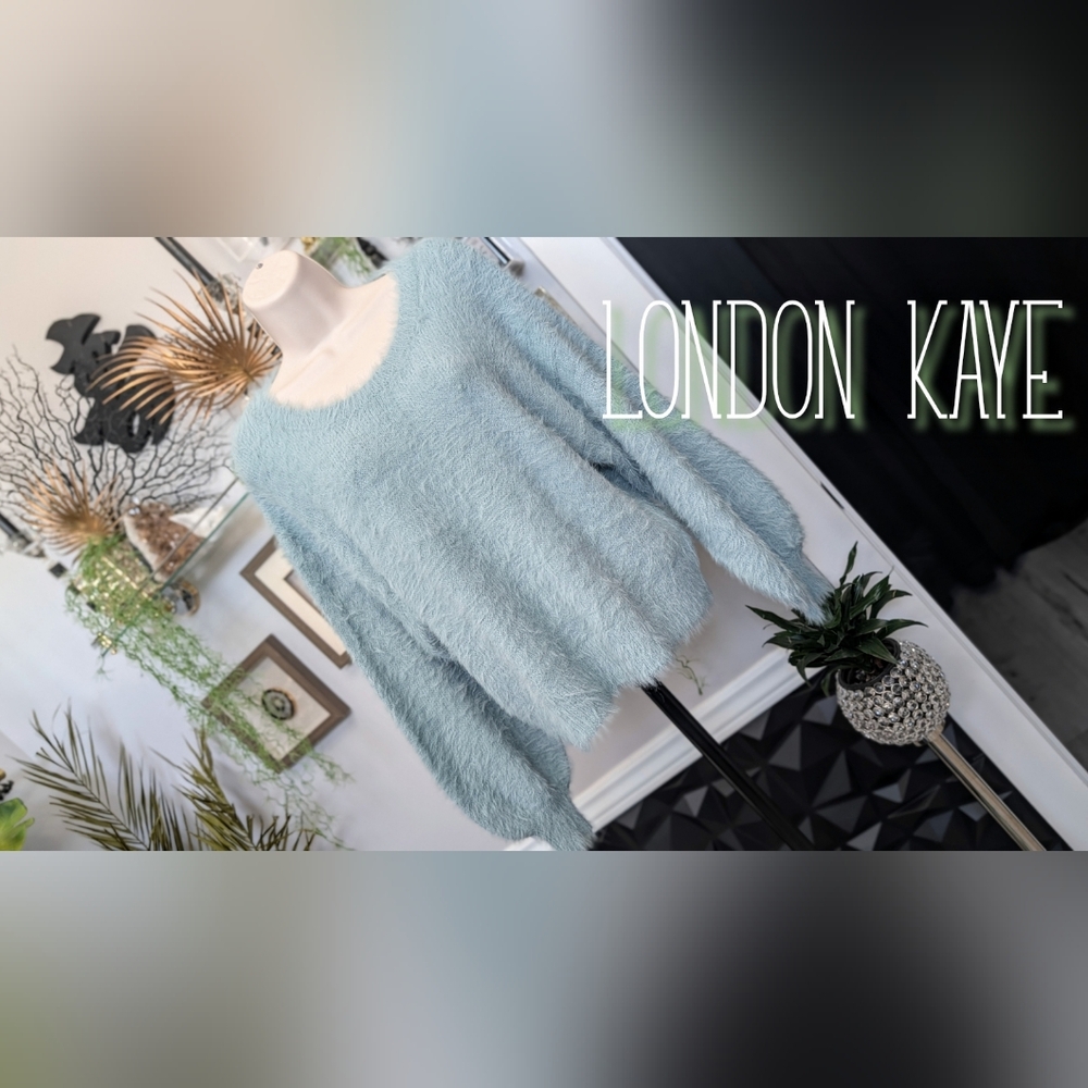 London Kaye Ocean Blue Faux Fur Lantern Sleeve Sweater SM